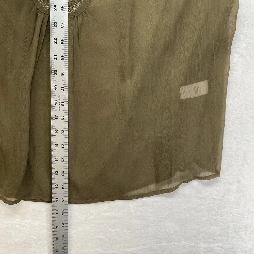 Lucky Brand Top Womens Small‎ Olive Green Embroidered Beaded Sheer Boho Blouse